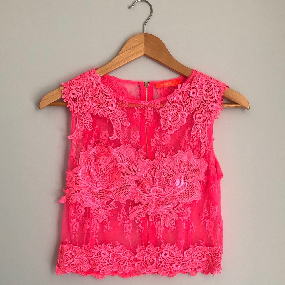 Hot Pink Lace Crop Top with Back Zipper